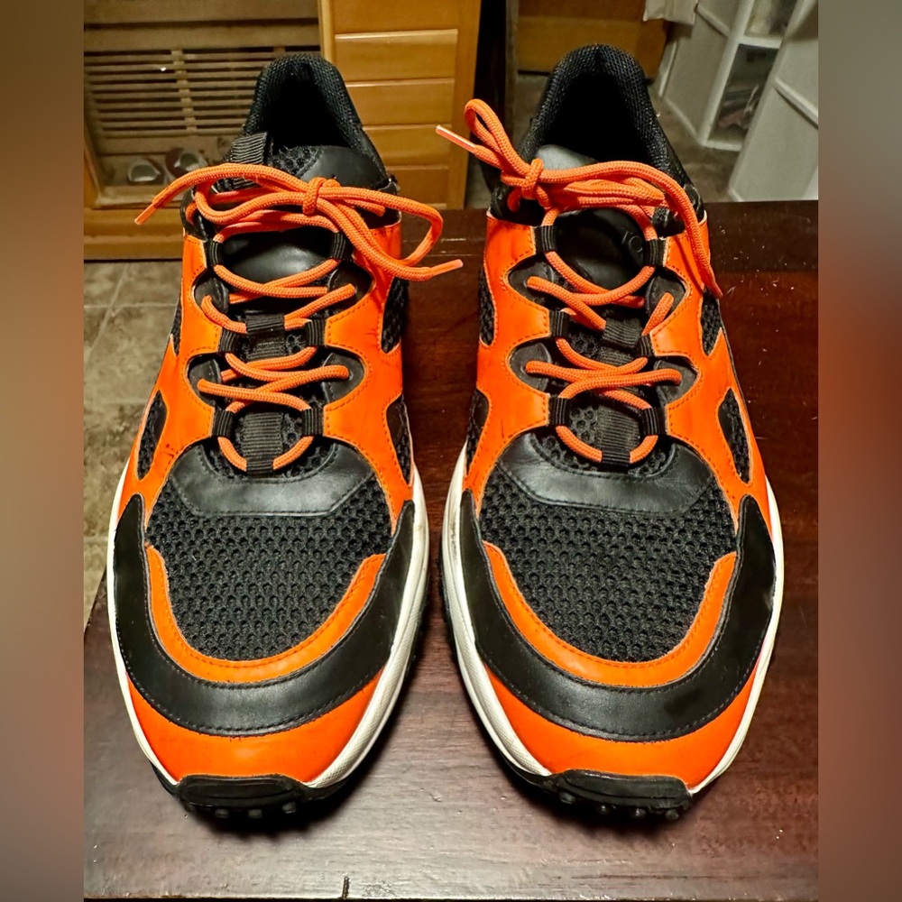 Tod's Leather/Mesh Black and Orange Men’s Sneakers.  Made in Italy. size 10/11
